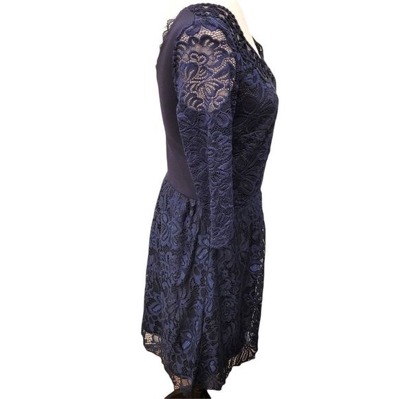 Navy Blue Dress with Elastic Waist 3/4 Sleeves and Lace Overlay - Picture 7 of 16